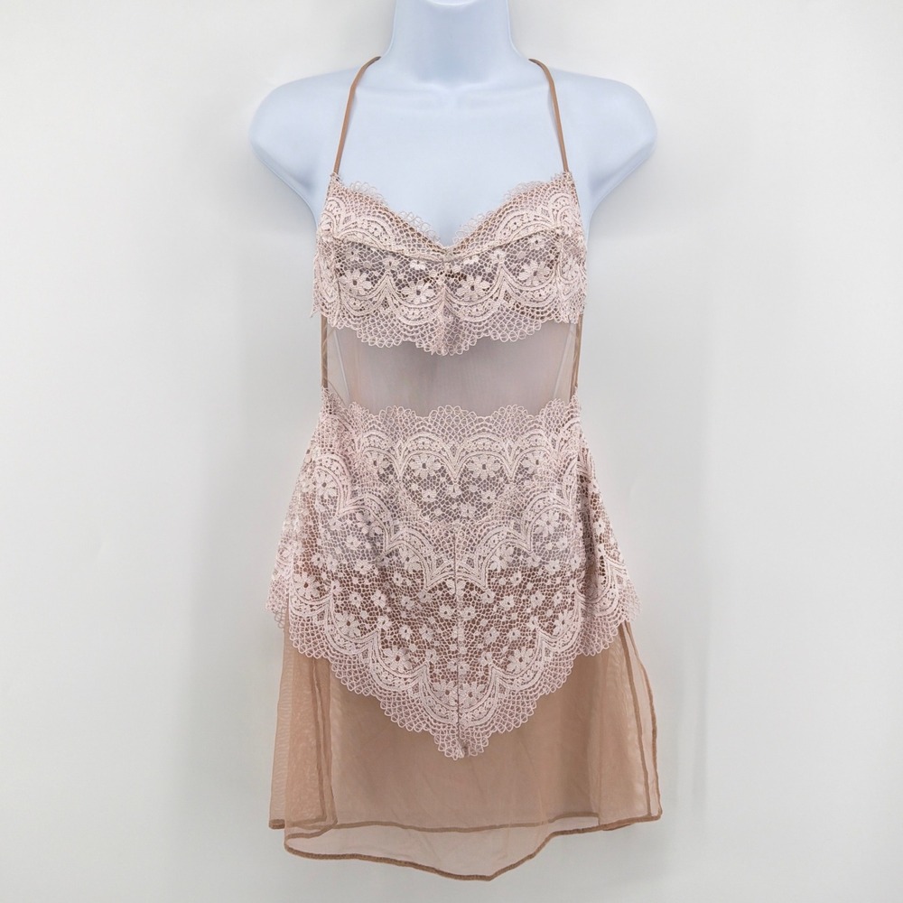 Victoria's Secret Blush Lace Sheer Mesh Apron Babydoll Slip Dress Open Back M